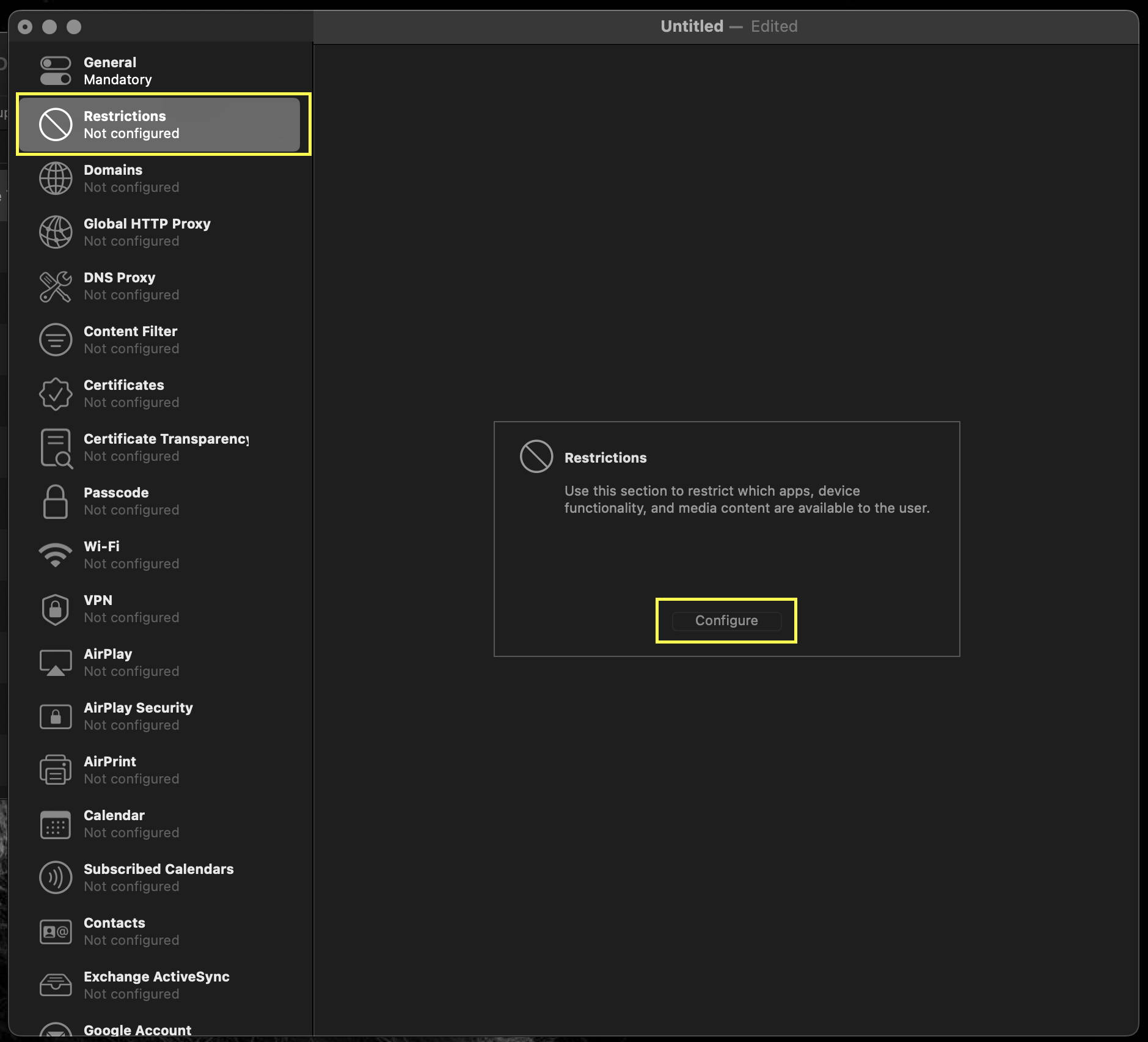 Select the Restrictions menu option